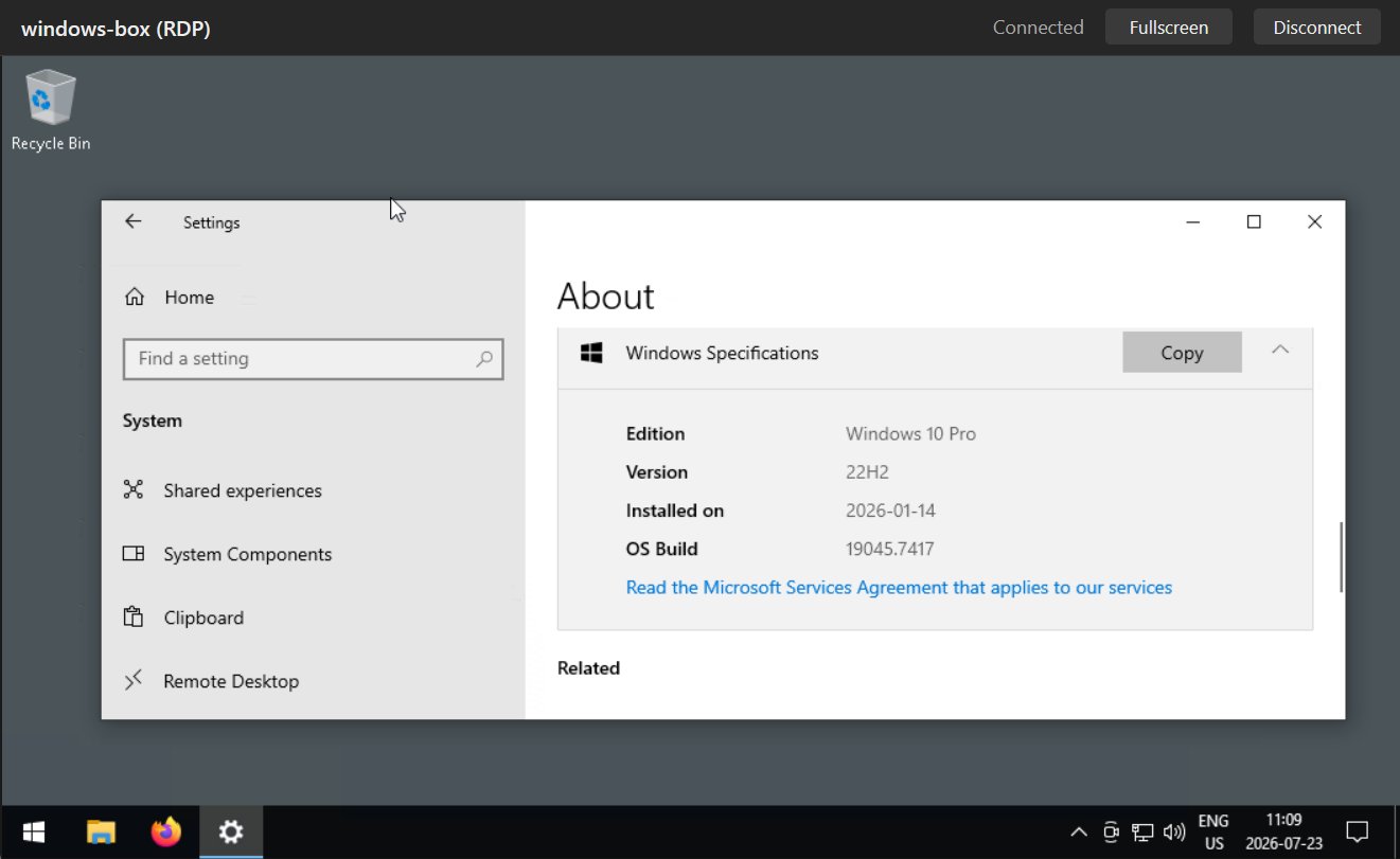 Browser-based remote desktop session titled windows-box (RDP), showing the Windows 10 Settings app open to About, with the Windows Specifications for the homelab machine, and the remote desktop's own taskbar at the bottom.