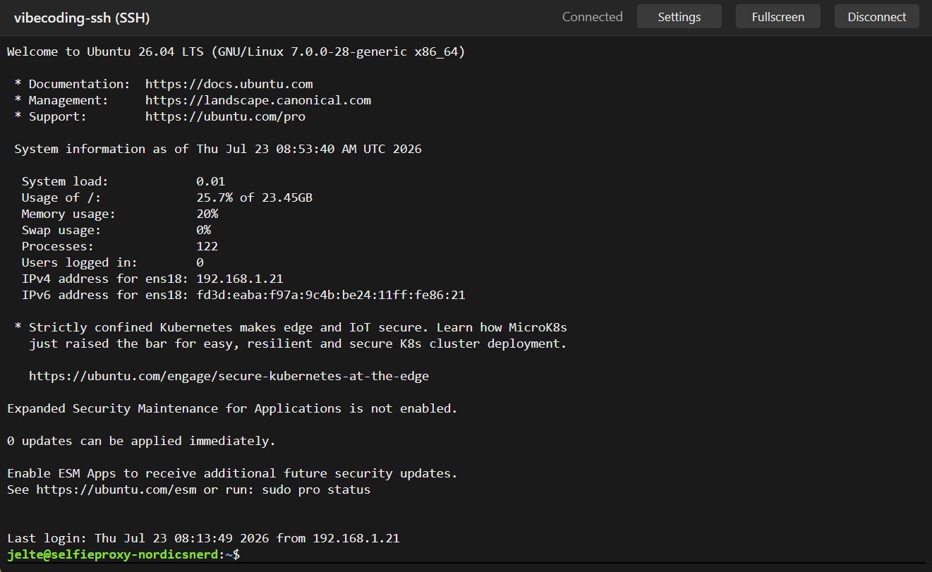 Browser-based SSH terminal session titled vibecoding-ssh, showing an Ubuntu welcome banner, system information, and a live command prompt.